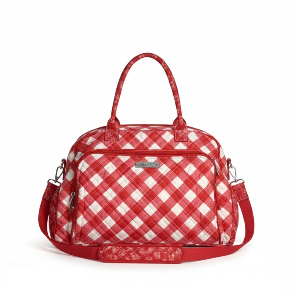 Pioneer Woman Quilted Weekender Duffle Bag Red Gingham Floral Travel Shoulder
